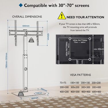 Тумба під телевізор BONTEC 30-70 дюймів, поворотна та регульована по висоті, макс. VESA 600x400 мм, чорний