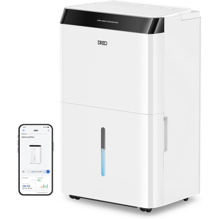 Dreo Розумний осушувач повітря - 20л, для приміщень до 37 м², з керуванням через додаток та Alexa, 3 режими, таймер, регулювання вологості, з відводом води, для спальні та ванної кімнати, білий/чорний