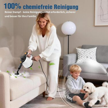 Портативний пароочисник 110°C: ефективне очищення, універсальний пристрій з 10 насадками та 5м кабелем. Ідеально для диванів, килимів, швів та видалення жиру. Колір: білий