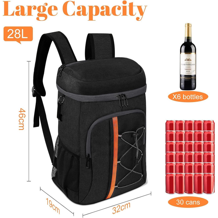 Терморюкзак 28L, чорний: для пікніка, відпочинку, риболовлі та роботи