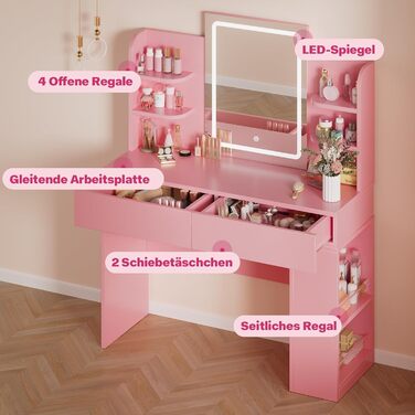 Трюмо Airfish з підсвічуванням 108x40 см: туалетний столик з дзеркалом, полицями, 2 шухлядами, регульоване освітлення, для спальні/вітальні (білий/рожевий)