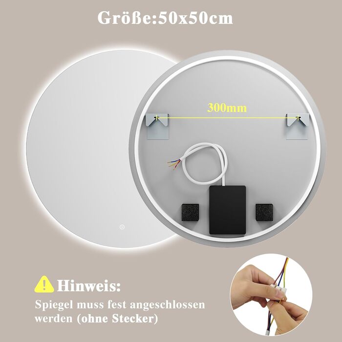 LED-дзеркало для ванної кімнати круглої форми 50 см з підсвічуванням, сенсорним вимикачем, регулюванням яскравості, 3 кольорами світла, функцією пам'яті, HD скло, захист від вибуху