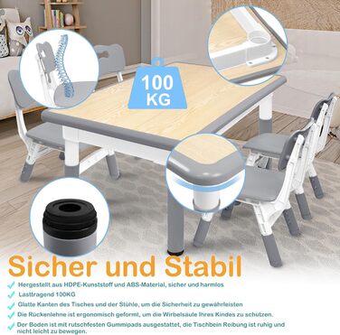 Дитячий стіл з 4 стільцями AufuN, регульована висота, комплект для дитячої кімнати, садка, класу. Легко миється, пластикові меблі (сірий)