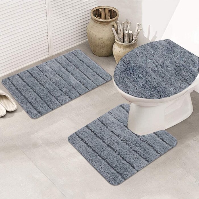 Набір килимків для ванної кімнати Jianyana (3 шт.) з мікрофібри, антиковзаючі, м'які, з довгим ворсом, для душу, у формі контуру, на унітаз, сірий в смужку