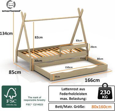 Дерев'яне ліжко-дитяча кімната Smartwood Hausbett Montessori Tipi F з сосни з сертифікатом FSC, захист від падіння, ламелі до 230 кг, для хлопчиків та дівчаток (80x160) з шухлядою