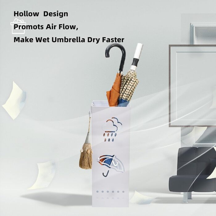 Металева підставка для парасоль та тростинок, біла, 15.2 x 15.2 x 43.2 см, з 4 гачками