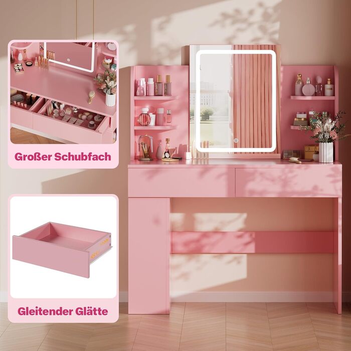 Трюмо Airfish з підсвічуванням 108x40 см: туалетний столик з дзеркалом, полицями, 2 шухлядами, регульоване освітлення, для спальні/вітальні (білий/рожевий)