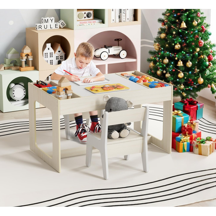 Дитячий стіл та стільці Mamizо з місцем для зберігання, набір для дитячої кімнати, школи, дитячого садка, від 3 років (білий)