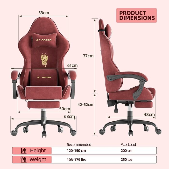 Ігровий крісло Ferghana Ergonomisch, комп'ютерне крісло з регульованою підголівником та поперековою подушкою, з підніжкою, для геймерів (червоний)