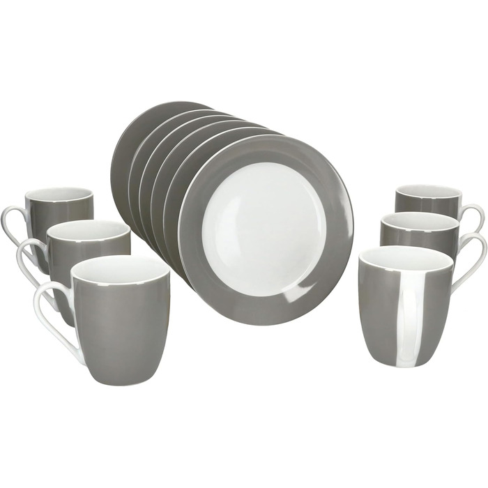 Набір посуду MamboCat Grau 12 предметів: 6 тарілок та 6 чашок 350 мл, 10,3 см, для 6 осіб, порцеляна