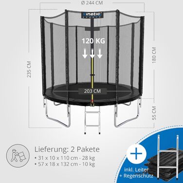 Батут Kinetic Sports Salto Plus Ø 244 см для дітей: Комплект з сіткою, захисним бортиком та драбиною (Чорний)