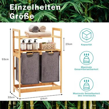 Кошик для білизни YOUDENOVA з бамбукового каркасу, 2 відсіки, 2 висувні мішки для білизни, 93x64x33 см, 70 л, сірий