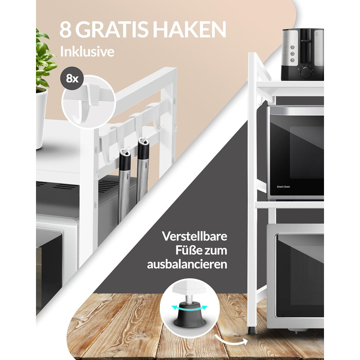 Поличка для мікрохвильової печі, кухонна поличка, сталева | 3-ярусна, регульована висота та довжина, з гачками, інструкція у відеоформаті (Білий)