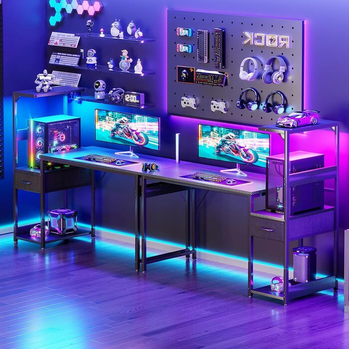 Ігровий стіл Coleshome з LED-підсвічуванням 120x48 см, з шухлядами та полицею, з підставкою для навушників, карбонове покриття чорного кольору