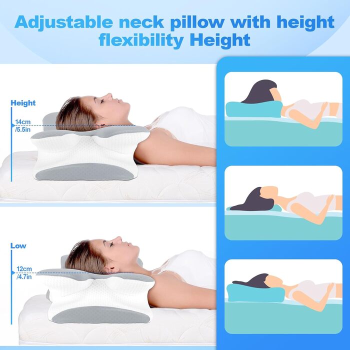 Ортопедична подушка для шиї LNZHAO з Memory Foam - для сну на боці, спині, животі - для зняття болю в шиї та плечах (сіра)