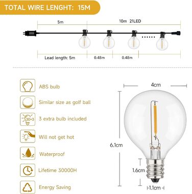 Світлодіодні струнні світильники HAUSPROFI 10M зовнішні, лампочки 212 G40, водонепроникні, для прикраси та заходів