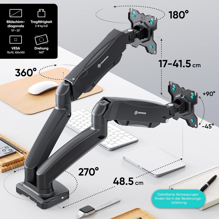 Кріплення для монітора ONKRON G160-W (2 монітори) - газ. підйомник, VESA 75x75-100x100, для моніторів 13-32