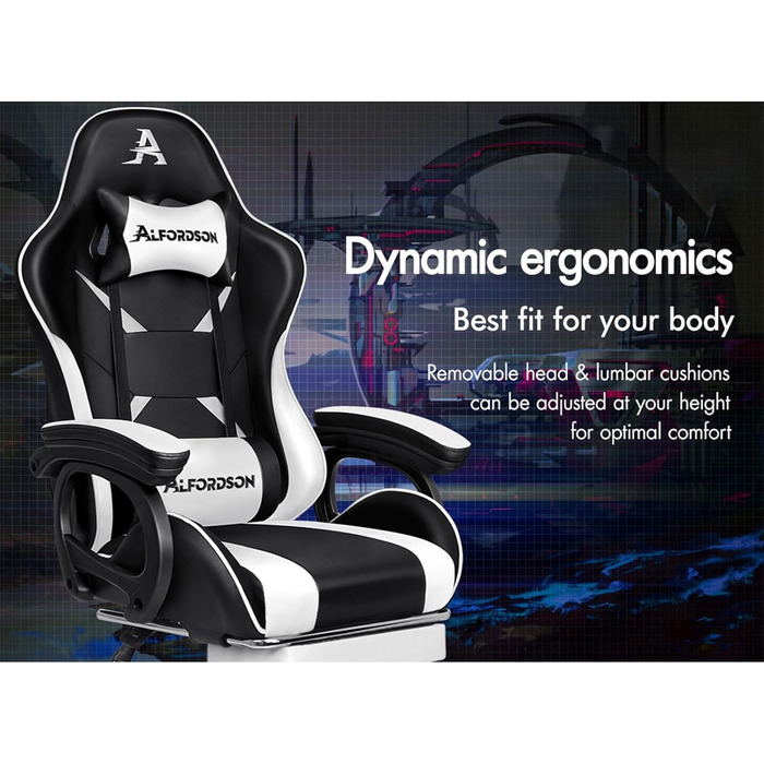 Ігрове крісло ALFORDSON з 8-точковим масажем і RGB LED підсвічуванням ергономічне біле