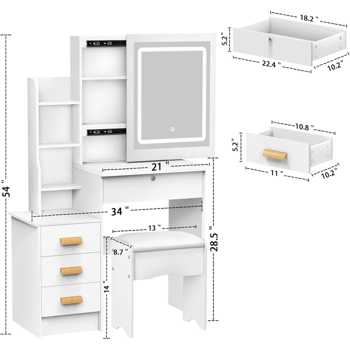 Туалетний столик білий зі світлодіодом, розсувне дзеркало, табурет, 4 ящика, 7 полиць, регульована яскравість