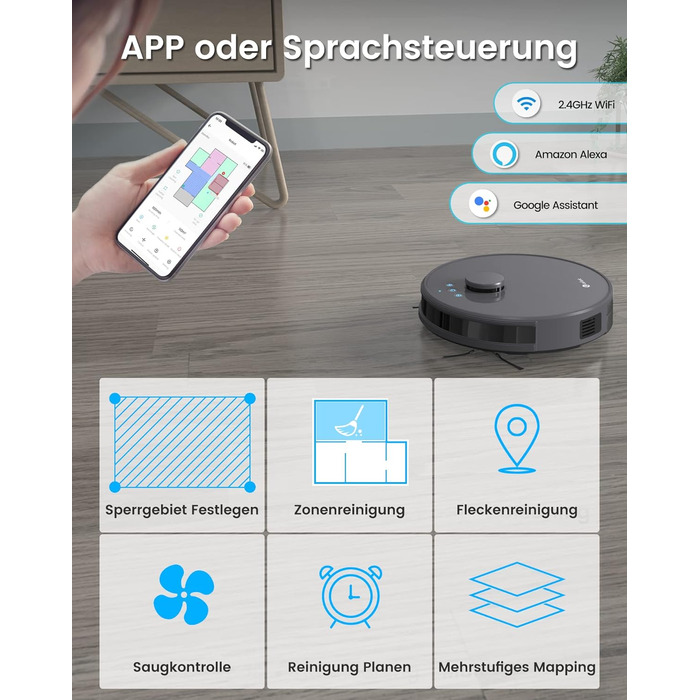 Робот-пилосос LEFANT M1 з функцією миття, 5500Pa, 200хв роботи, мапінг, зони заборони, для шерсті тварин, килимів та твердих підлог