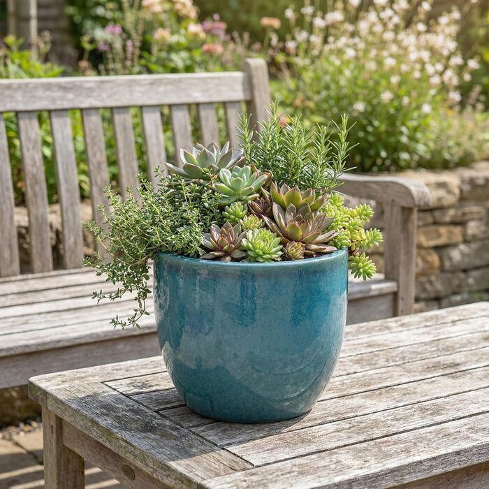 Квітчар Teramico Premium з кераміки, глазурований – 100% морозостійкий, ручної роботи. Горщик для квітів з отвором для внутрішнього та зовнішнього використання. Преміум-якість, унікальний, зимостійкий (Jade, 29см x 23см)