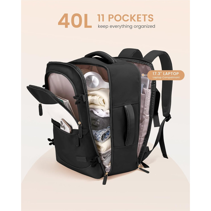 LOVEVOOK Рюкзак для ручної поклажі 40L, рюкзак для подорожей для жінок, великий, для літака з відділенням для мокрого та сухого, для ноутбука 17.3