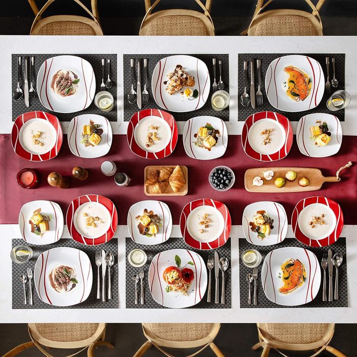 Серія Felisa, порцеляновий обідній сервіз із 24 предметів із 6 плоскими тарілками, 6 тарілками для тортів, 6 мисками для супу та 6 мисками на 6 осіб (18 предметів обіднього сервізу)