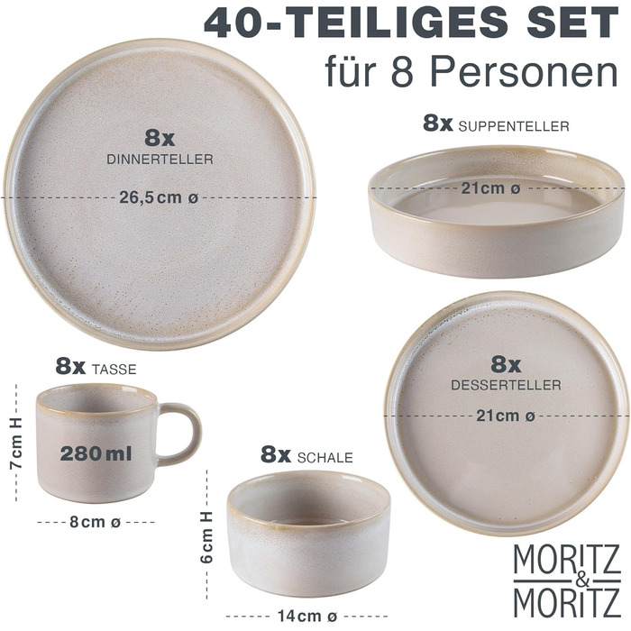 Набір посуду Moritz & Moritz CASTELLO на 4 особи, бежевий - керамічний набір тарілок (обідні, десертні, супові, миски, чашки)