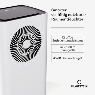 Зволожувач повітря Klarstein CircleDry 12L Smart з Wi-Fi, тихий 38dB, таймер 24г, безперервна злив, контроль вологості, для приміщень до 24м², білий