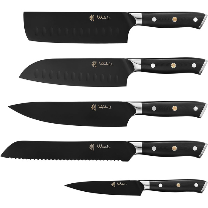 Набір кухонних ножів Wakoli Titanium Noir (5 предметів) з бруском - професійний набір кухонних ножів з титанового покриття, нержавіюча сталь, чорний колір, магнітний бруск