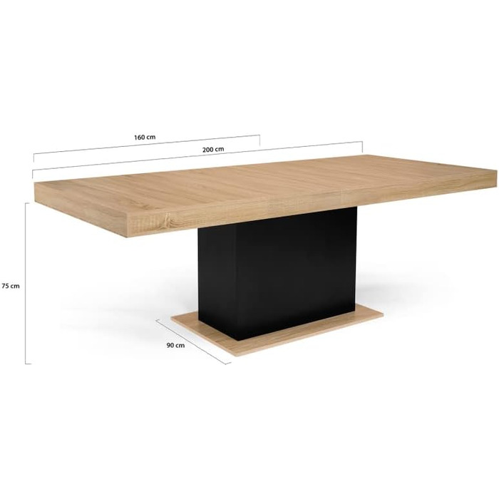 Розсувний обідній стіл Eden, прямокутний, для 6-10 осіб, дерево та чорний колір, 160-200 см