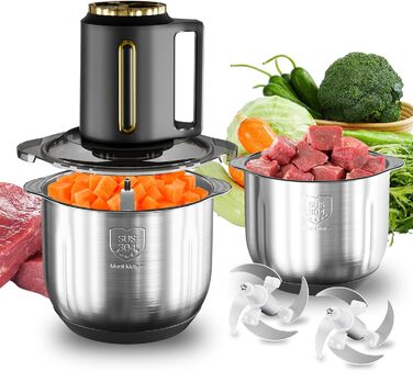 Електричний подрібнювач для кухні 2.5л, мультиподрібнювач 300W з 2 запасними лезами, 3 швидкості, придатний для миття в посудомийній машині, нержавіюча сталь 304, для дитячого харчування, овочів, фруктів, м'яса