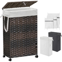 Кошик для білизни 70L з кришкою та колесами, коричневий. Знімні мішки для білизни та сортування