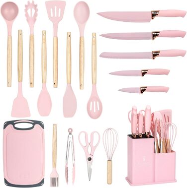 Набір кухонних ножів EliteHoff 19 предметів: 5 ножів, 12 аксесуарів, дошка та підставка – з нержавіючої сталі, з дерев'яними ручками, безпечний, для кухні, чорний (E-6072)