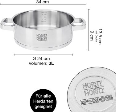 Сервірувальна сковорода з нержавіючої сталі Moritz & Moritz з кришкою 28 см - Підходить для всіх типів плит - Шкала до 4 л - Вбудоване сито в кришці - Індукційна сковорода для смаження, пасерування та подачі (Ø 24 см)