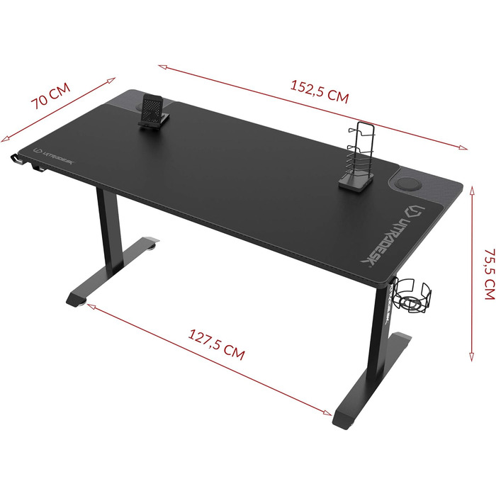 Ігровий стіл ULTRADESK Momentum, килимок розміру XXL, підставка для мобільного телефону, підстаканник, до 130 кг, чорний, 152.5x70 см