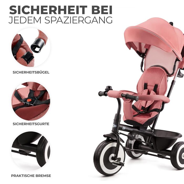 Триколісний велосипед Kinderkraft ASTON для дітей від 9 місяців до 25 кг, з батьківською ручкою, поворотним сидінням, сонцезахисним козирком, тримачем для напоїв та кошиком, зелений колір