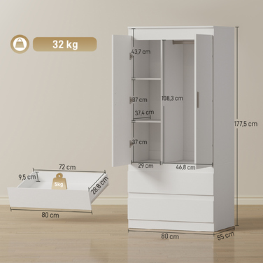 Шафа для спальні з 2 дверцятами, 2 висувними ящиками та 3 полицями, виготовлена з дерева, білого кольору