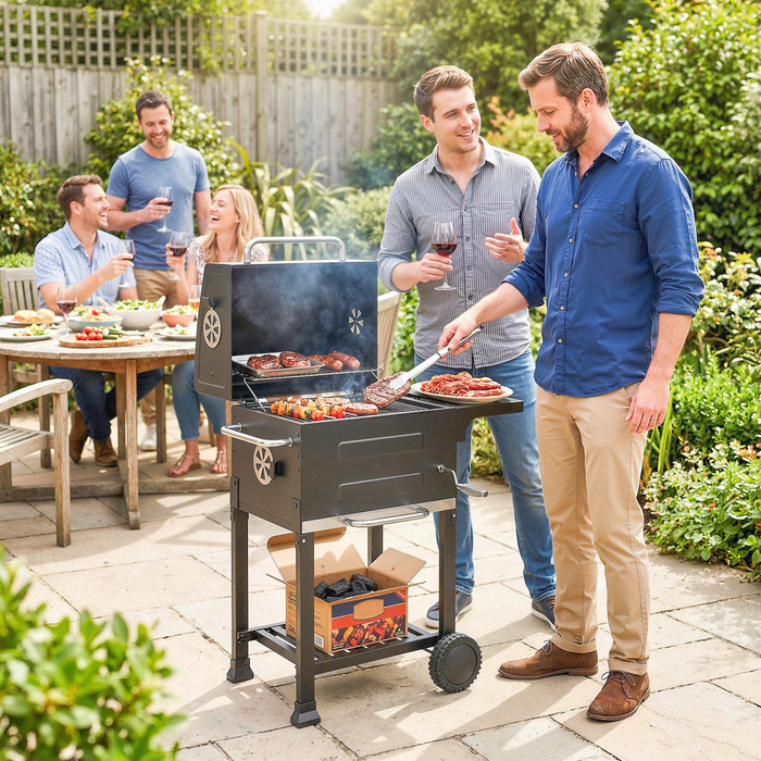 Компактний вугільний гриль-візок з кришкою, термометром, решіткою для грилю, бічним столиком, попільником та вентиляційними отворами