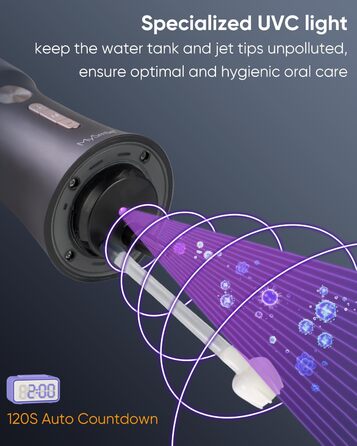MySmile LP221: Бездротовий ірigator для зубів з UVC стерилізацією, 335 мл, OLED-дисплей, 4 режими, 8 насадок, для дому та подорожей, чорний
