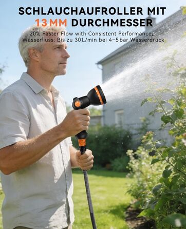 Шланговий барабан SUNPOW настінний 30м для саду, тераси та двору. Автоматичний намотувач, поворотна стіна, 10 функцій розпилення. Діаметр 16 мм.