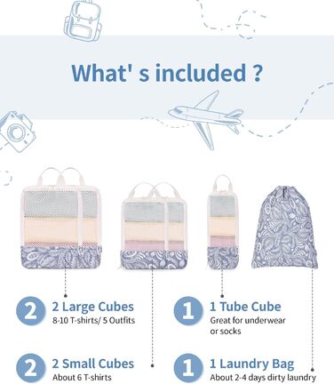 Набір органайзерів для подорожей Narwey з компресією, 6 шт, сумки-пакувальники для валізи та рюкзака (Блакитний листок)