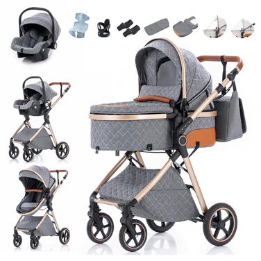 Дитяча коляска Zkipm 3 в 1, сірого кольору з візерунком, для дітей 0-3 роки, до 15 кг, з регульованою спинкою та великим капюшоном, складається