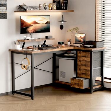 Кутовий стіл Devoko з 4 висувними ящиками з тканини, 2 розетками та 2 USB-портами, для дому та офісу, ігор, білий, 140x80 см