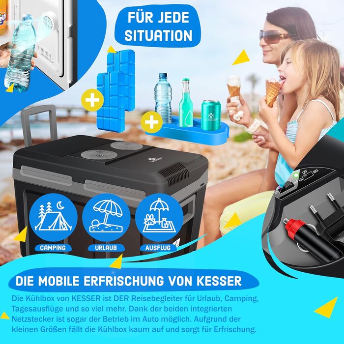 Термобокс KESSER® 40L з колесами | Холодильник-грілка 12/230V | Для авто, човна, кемпінгу | З акумуляторами холоду та тримачами для напоїв (Чорний/Сірий)