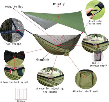 Набір кемпінгових гамаків, одинарний двомісний гамак, москітна сітка, сітка від комах, дощовик, підвісне ліжко з парашутної тканини високої міцності. Підходить для активного відпочинку, походів, кемпінгу, подорожей (зелений)