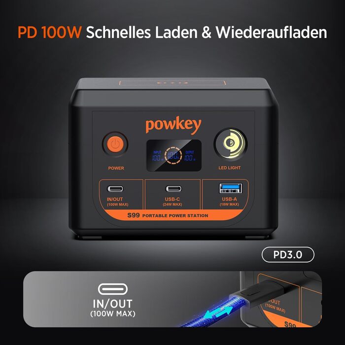 Портативна електростанція POWKEY 30000mAh з LiFePO4 акумулятором, 100W USB-C, LED-ліхтар для ноутбуків, iPhone, MacBook, Samsung та інших пристроїв