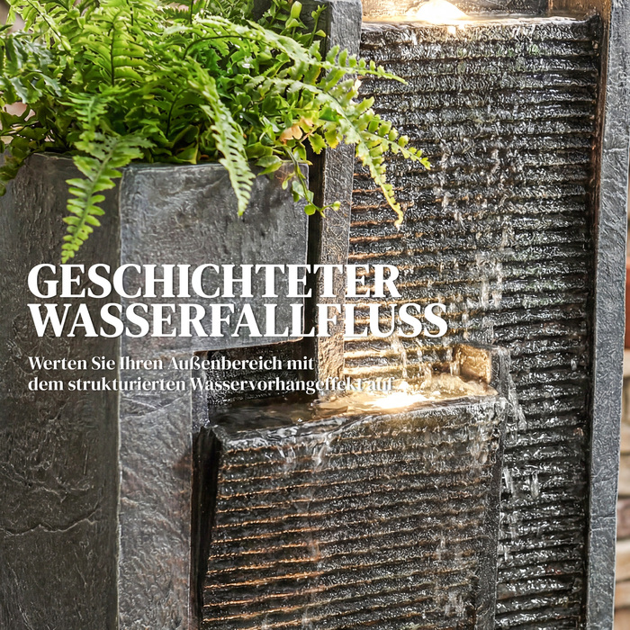 Водоспад на 3 рівня з підсвічуванням LED, декоративне кашпо, насос та імітація каменю, регульована висота, розміри 38 x 19 x 101 см