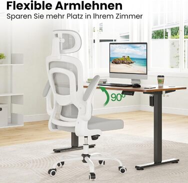 Ергономічне крісло Farini для офісу та дому: регульоване, з підголівником, сіро-біле. Крісло для комп'ютера, керівника, home office.