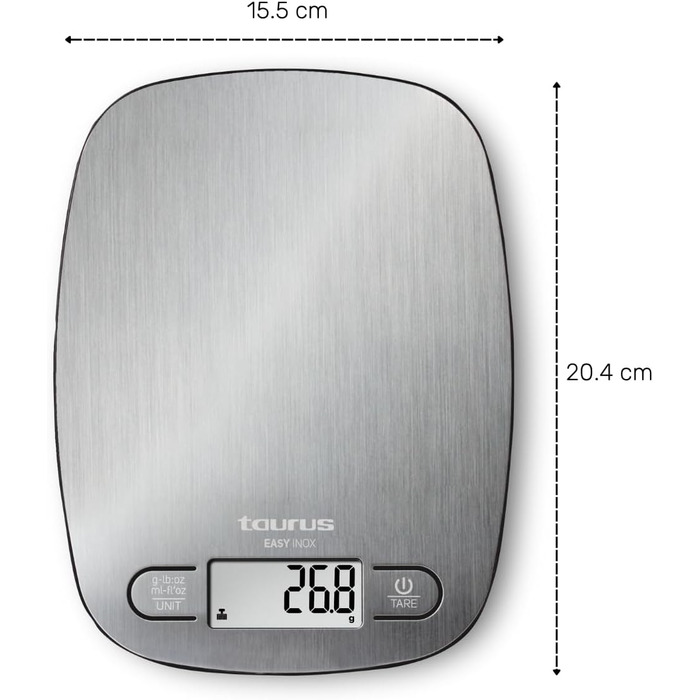 Кухонні ваги Taurus Easy Inox з цифровим дисплеєм, 5 кг, функція тарування, сріблясті, 15x20 см